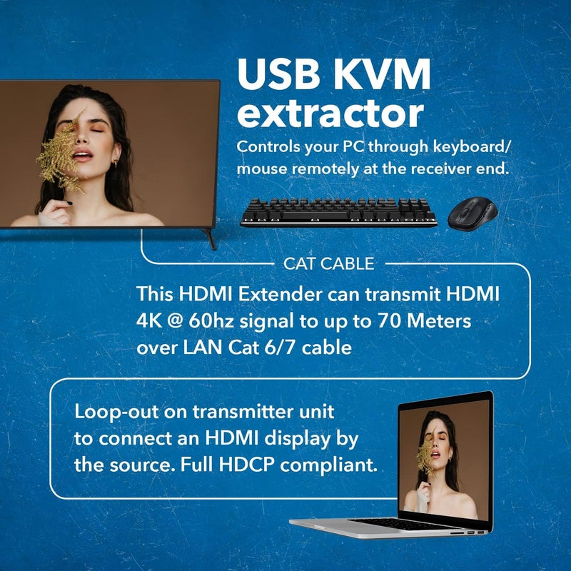 OREI KVM 4K HDMI Over Ethernet Extender Balun Over CAT6/7 Cable 4K@60Hz Upto 230 Feet - 2 USB 1.1 Ports, Supports Keyboard and Mouse USB HDMI Loop Out, Power Over Cable - Image 4